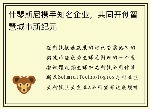 什琴斯尼携手知名企业，共同开创智慧城市新纪元