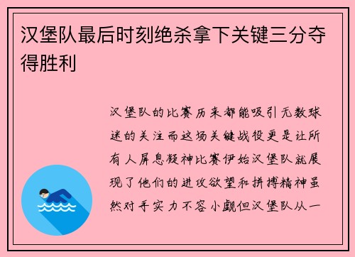 汉堡队最后时刻绝杀拿下关键三分夺得胜利