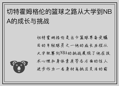 切特霍姆格伦的篮球之路从大学到NBA的成长与挑战
